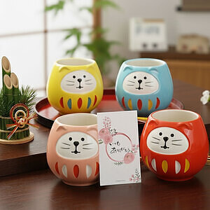 開運カラー 福猫だるまマグカップ 桃 ありがとうカード付 1