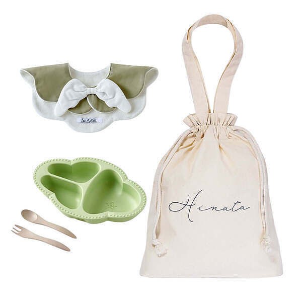 ベビーお食事ギフトセット 名入れ巾着バッグ入り グリーン