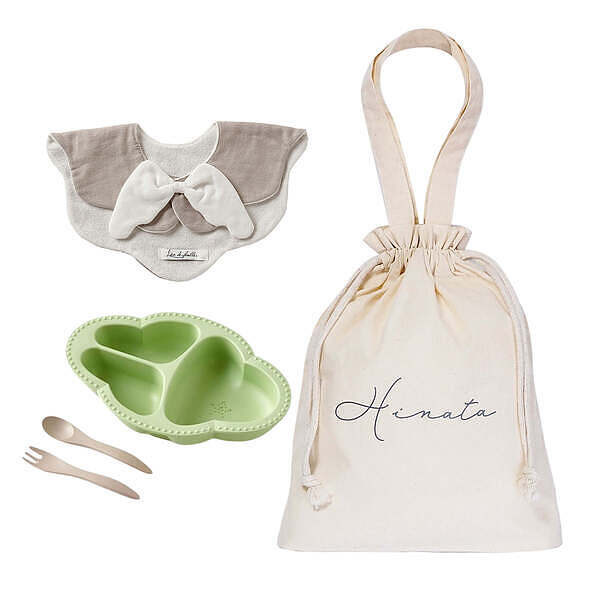 ベビーお食事ギフトセット 名入れ巾着バッグ入り グレー